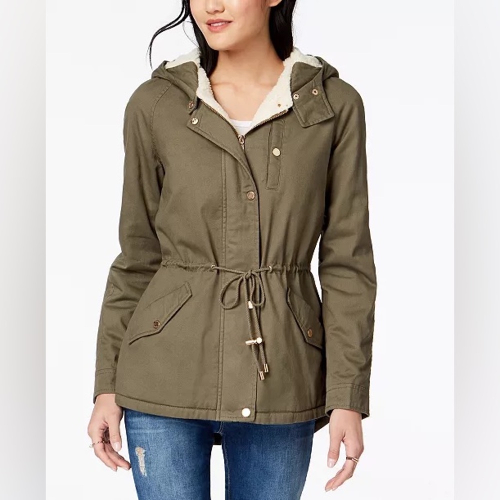 Macys - Cotton Green Cinch Waist Hooded Utility Jacket - Size S